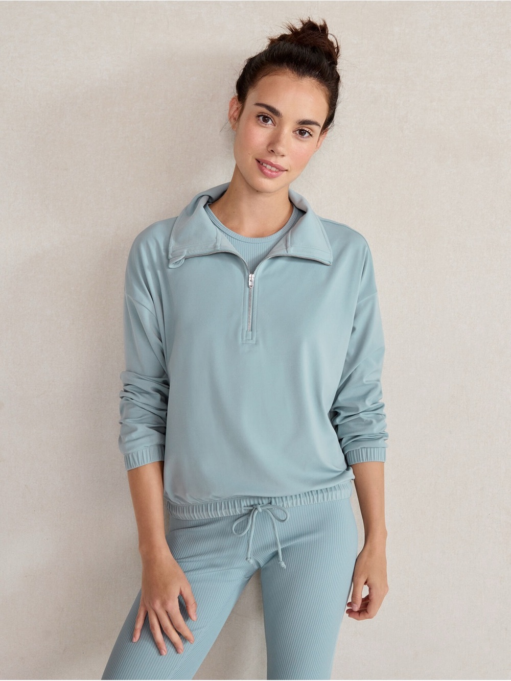 Haven Well Within Cropped Quarter Zip Drawstring Sweatshir Blue Gym Yoga Workout